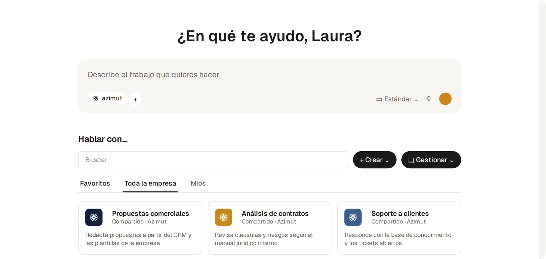 Pantalla de inicio de Azimut: un cuadro para describir el trabajo, el agente de la empresa seleccionado y tres agentes compartidos con toda la organización